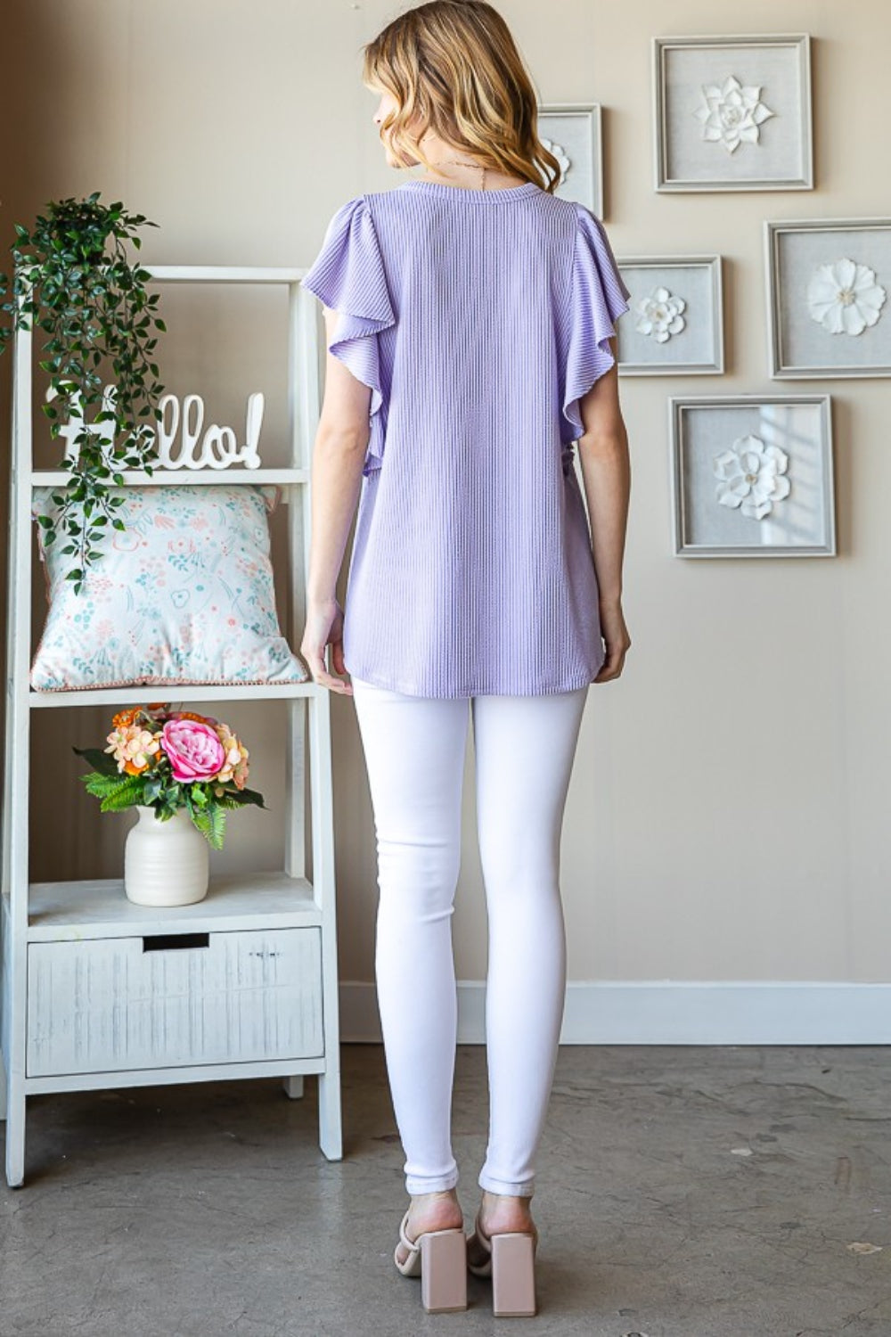 Heimish Full Size Ruffled Sleeve Ribbed Top - Mack and Mav Boutique