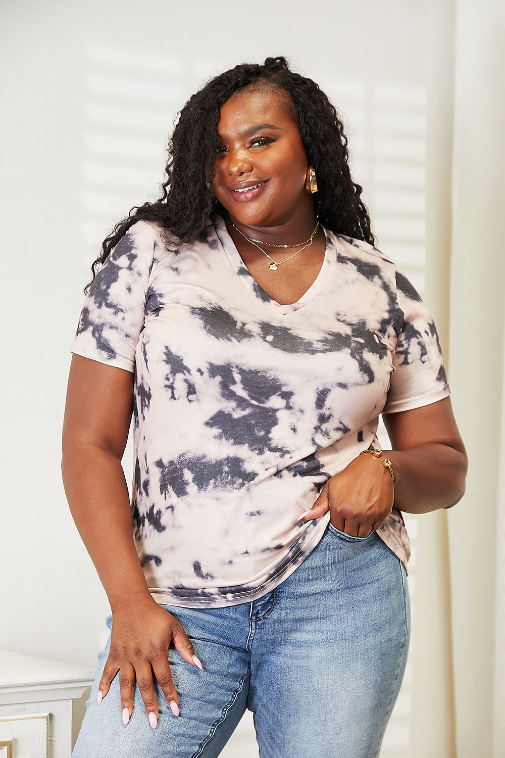 Double Take Tie-Dye V-Neck T-Shirt - Mack and Mav Boutique
