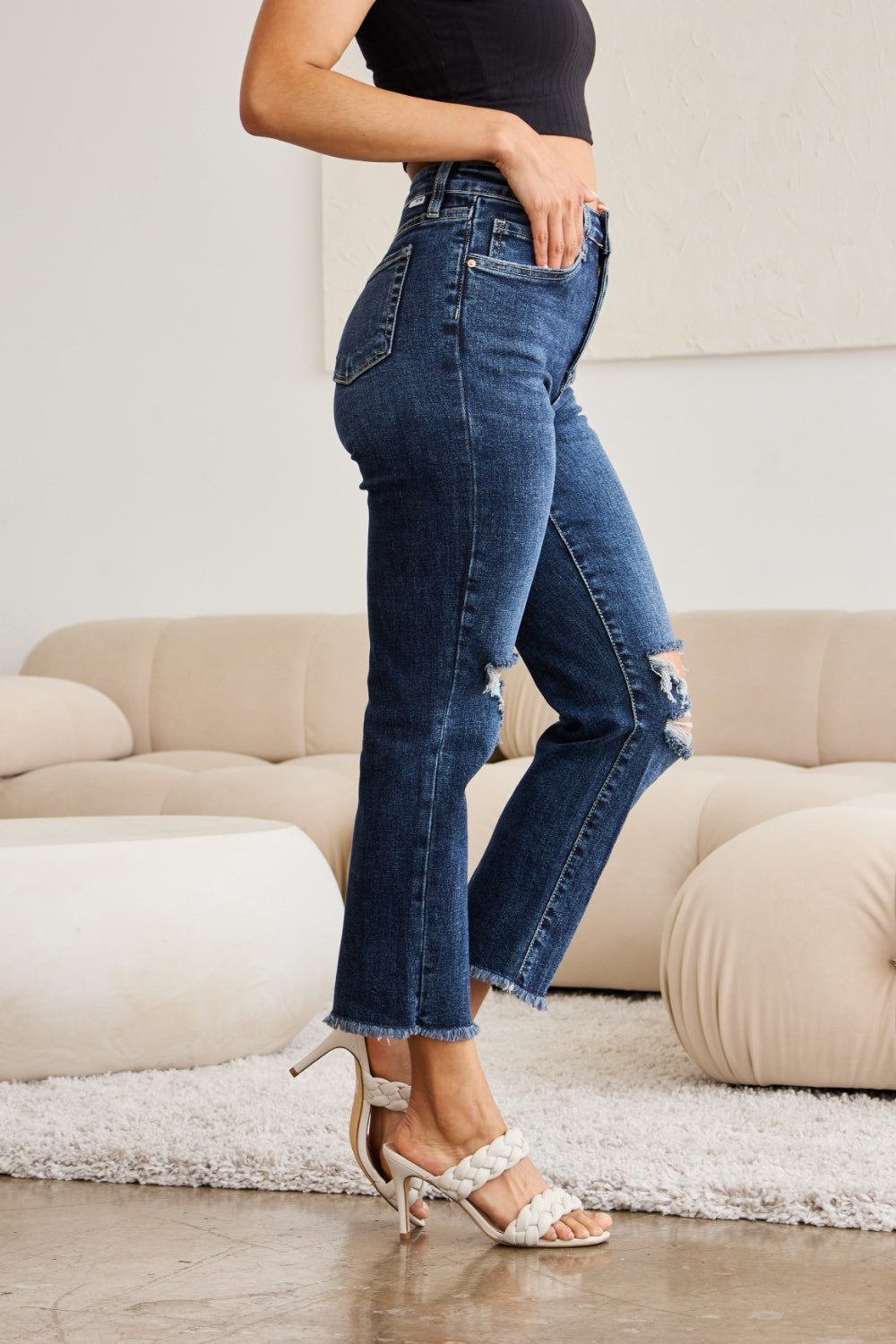 RFM Crop Dylan Full Size Tummy Control Distressed High Waist Raw Hem Jeans - Mack and Mav Boutique