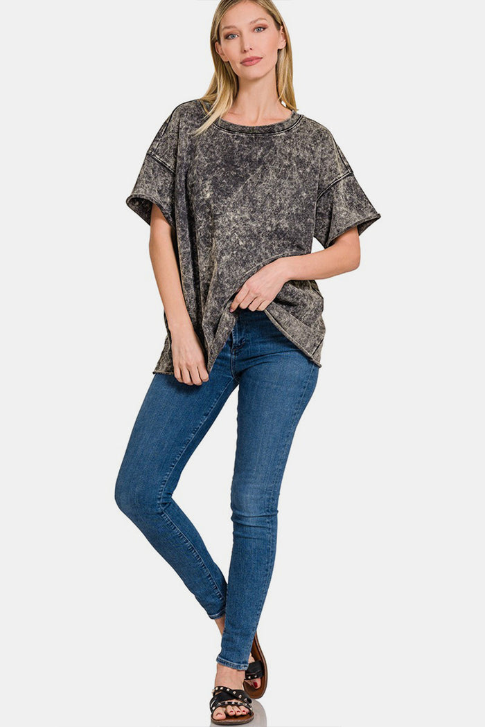 Zenana Rolled Round Neck Short Sleeve T-Shirt - Mack and Mav Boutique