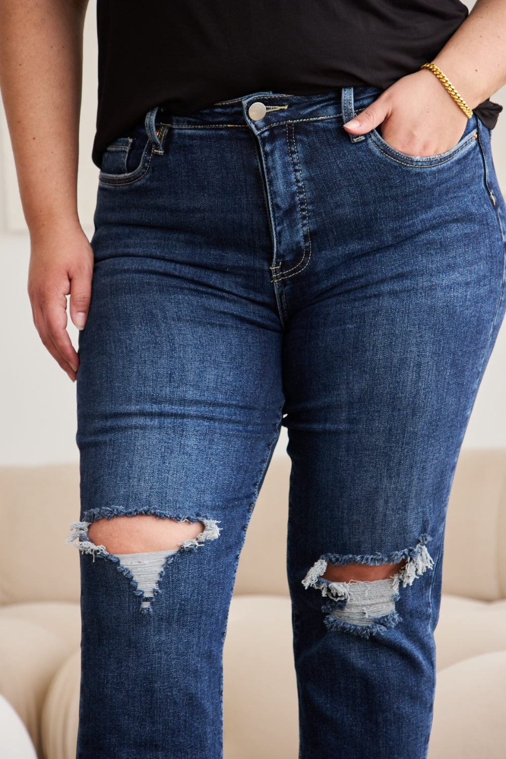 RFM Crop Dylan Full Size Tummy Control Distressed High Waist Raw Hem Jeans - Mack and Mav Boutique