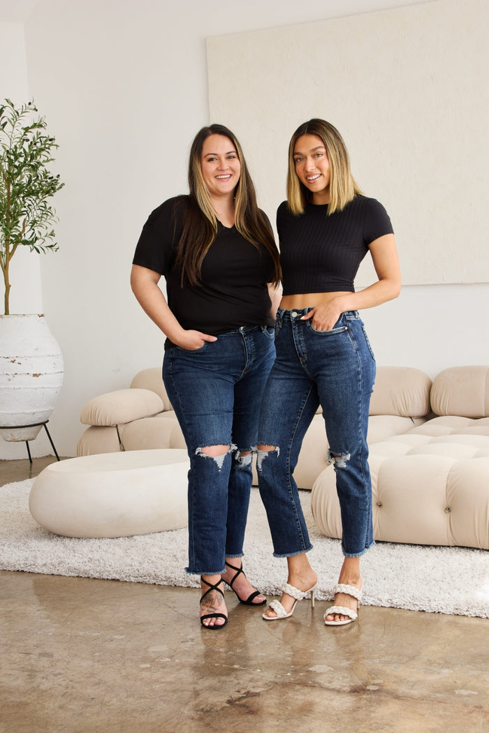 RFM Crop Dylan Full Size Tummy Control Distressed High Waist Raw Hem Jeans - Mack and Mav Boutique