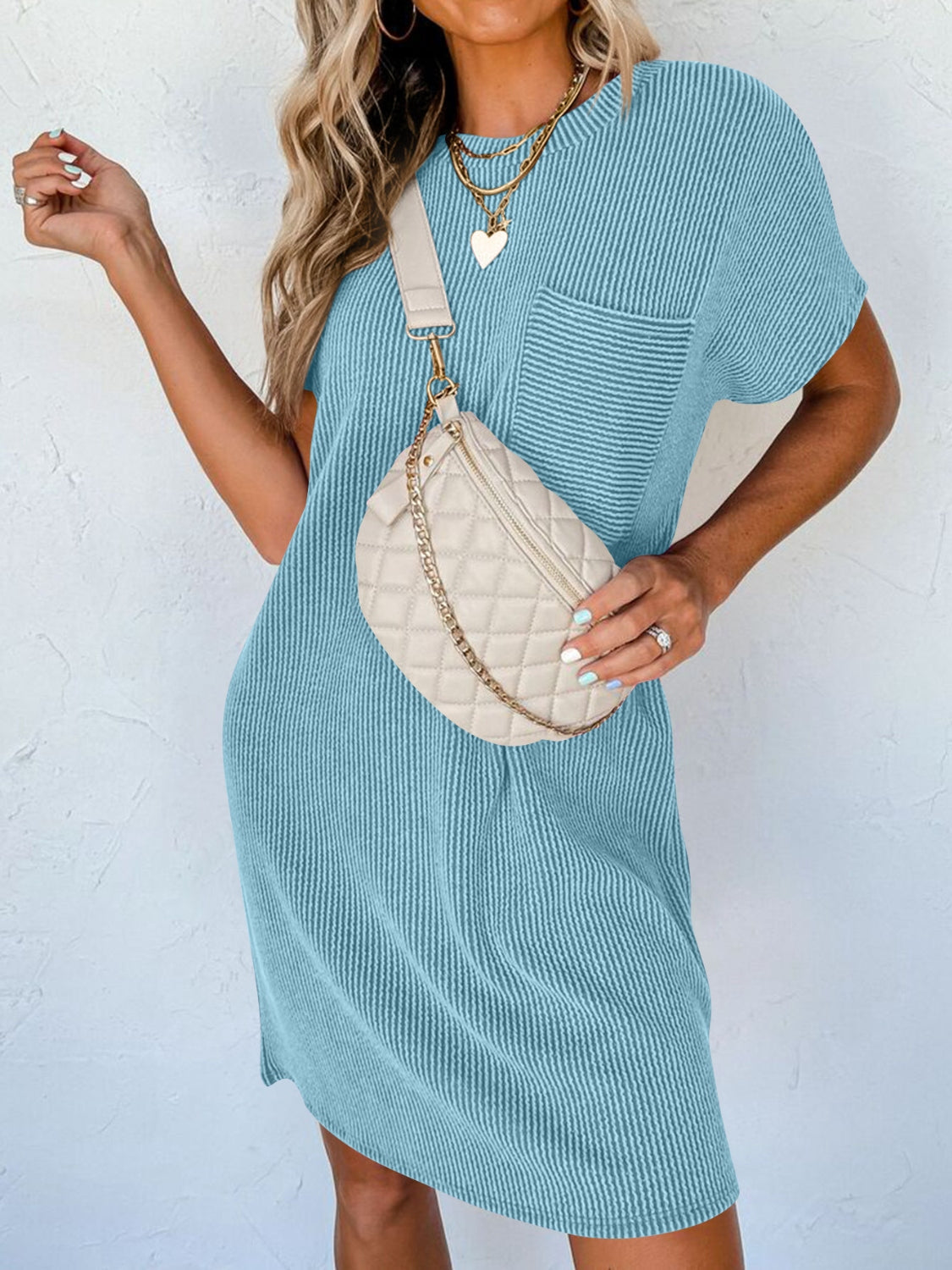 Round Neck Short Sleeve Mini Dress - Mack and Mav Boutique