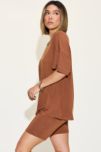 Basic Bae Full Size V-Neck Drop Shoulder T-Shirt and Shorts Set - Mack and Mav Boutique