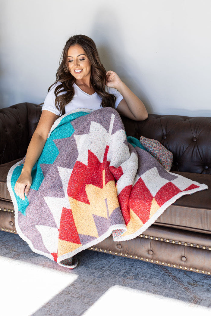 IN STOCK Plush and Fuzzy Blanket - Large Teal Aztec - Mack and Mav Boutique