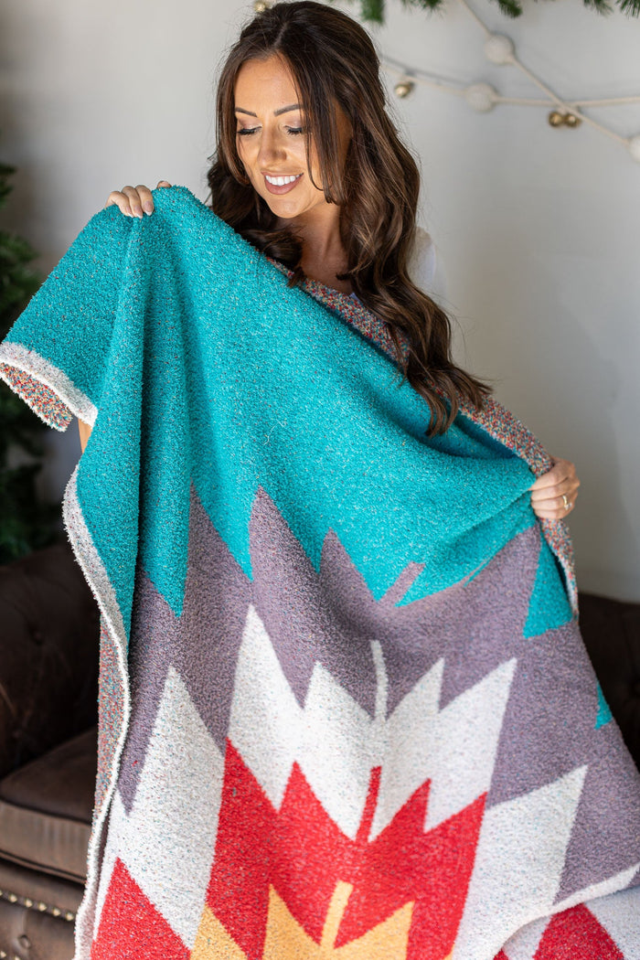 IN STOCK Plush and Fuzzy Blanket - Large Teal Aztec - Mack and Mav Boutique