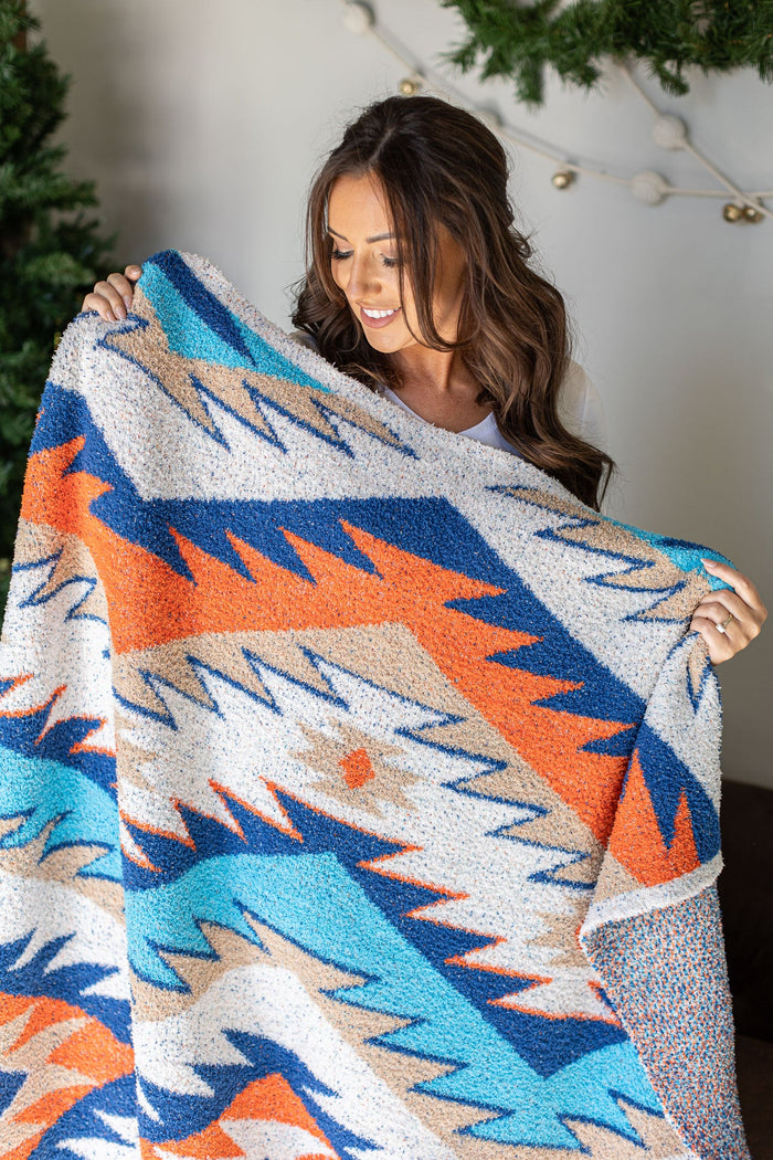 IN STOCK Plush and Fuzzy Blanket - Teal Mix Aztec - Mack and Mav Boutique
