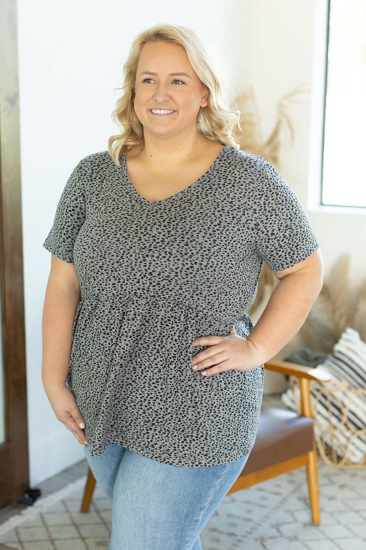 IN STOCK Sarah Ruffle Top - Grey Leopard - Mack and Mav Boutique