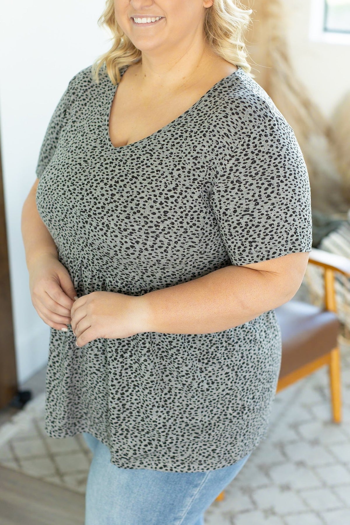 IN STOCK Sarah Ruffle Top - Grey Leopard - Mack and Mav Boutique