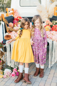 Mustard 3/4 Sleeve Pocket Twirl Dress