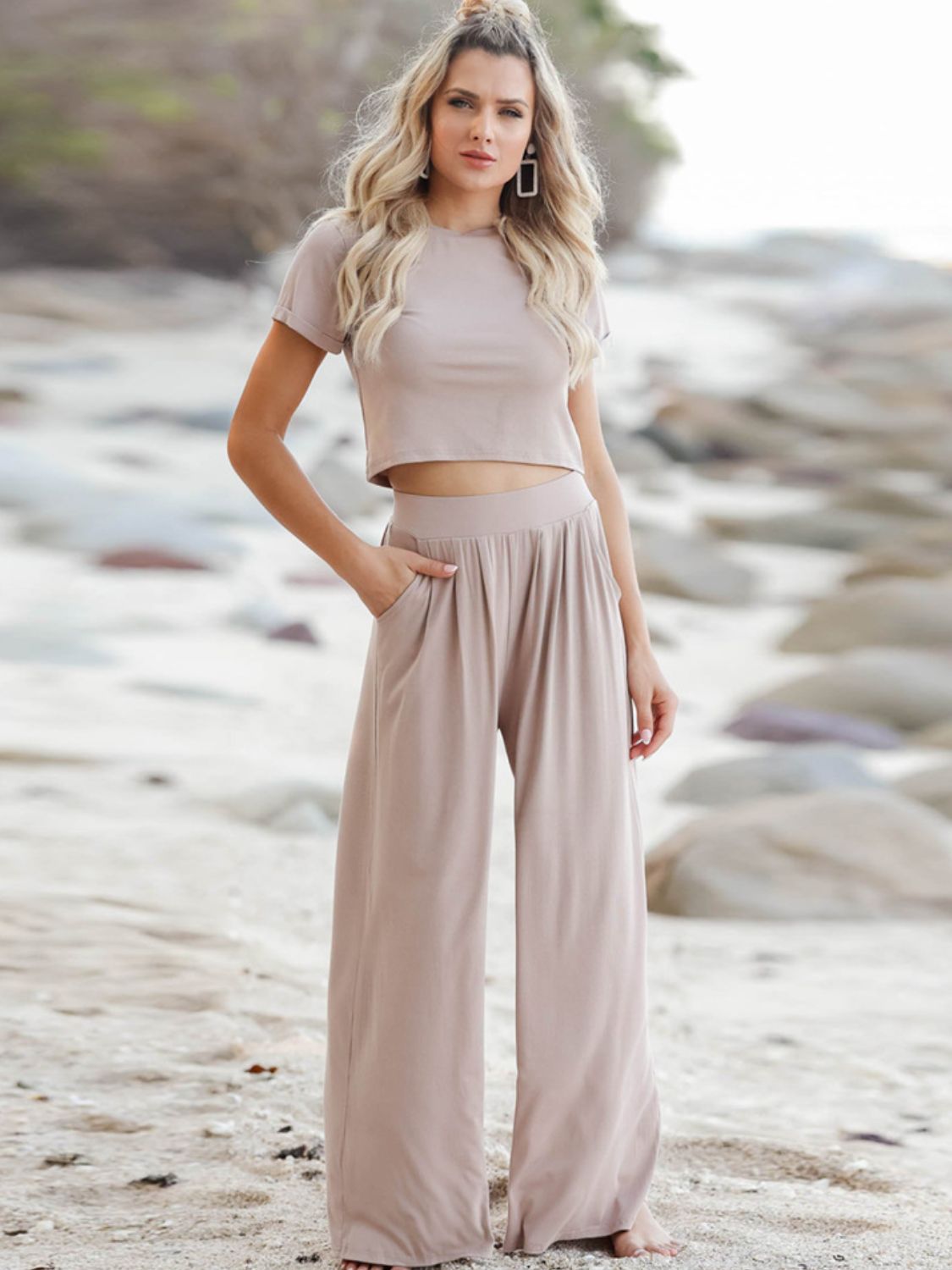 Short Sleeve T-Shirt and Wide Leg Pants Set - Mack and Mav Boutique