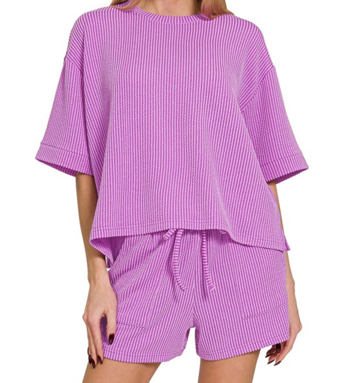 Two Piece Ribbed Shorts Set Large Front Pocket