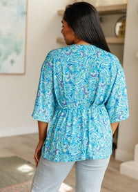 Dreamer Peplum Top in Blue and Teal Paisley - Mack and Mav Boutique
