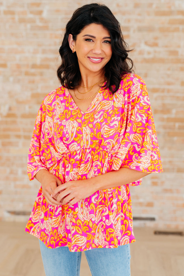 Dreamer Peplum Top in Pink Filigree - Mack and Mav Boutique