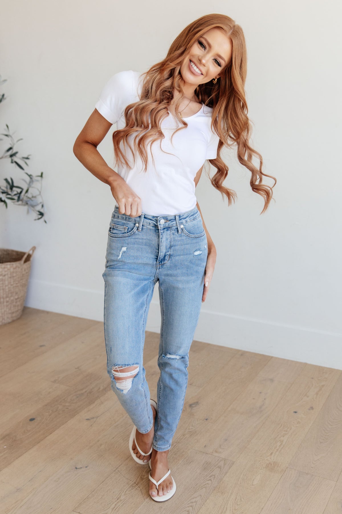Eloise Mid Rise Control Top Distressed Skinny Jeans - Mack and Mav Boutique