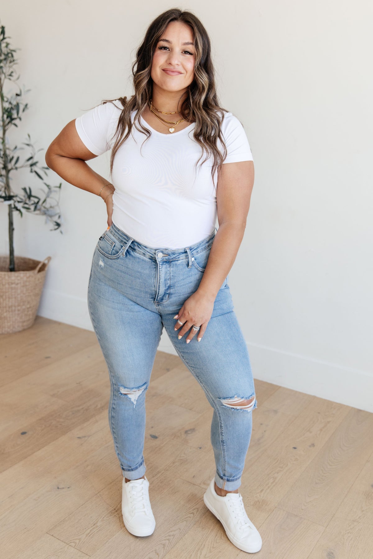 Eloise Mid Rise Control Top Distressed Skinny Jeans - Mack and Mav Boutique