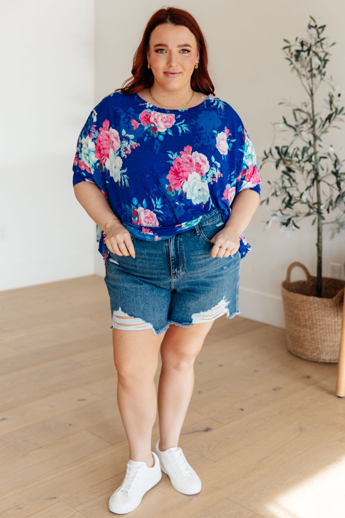 Essential Blouse in Royal and Pink Floral - Mack and Mav Boutique