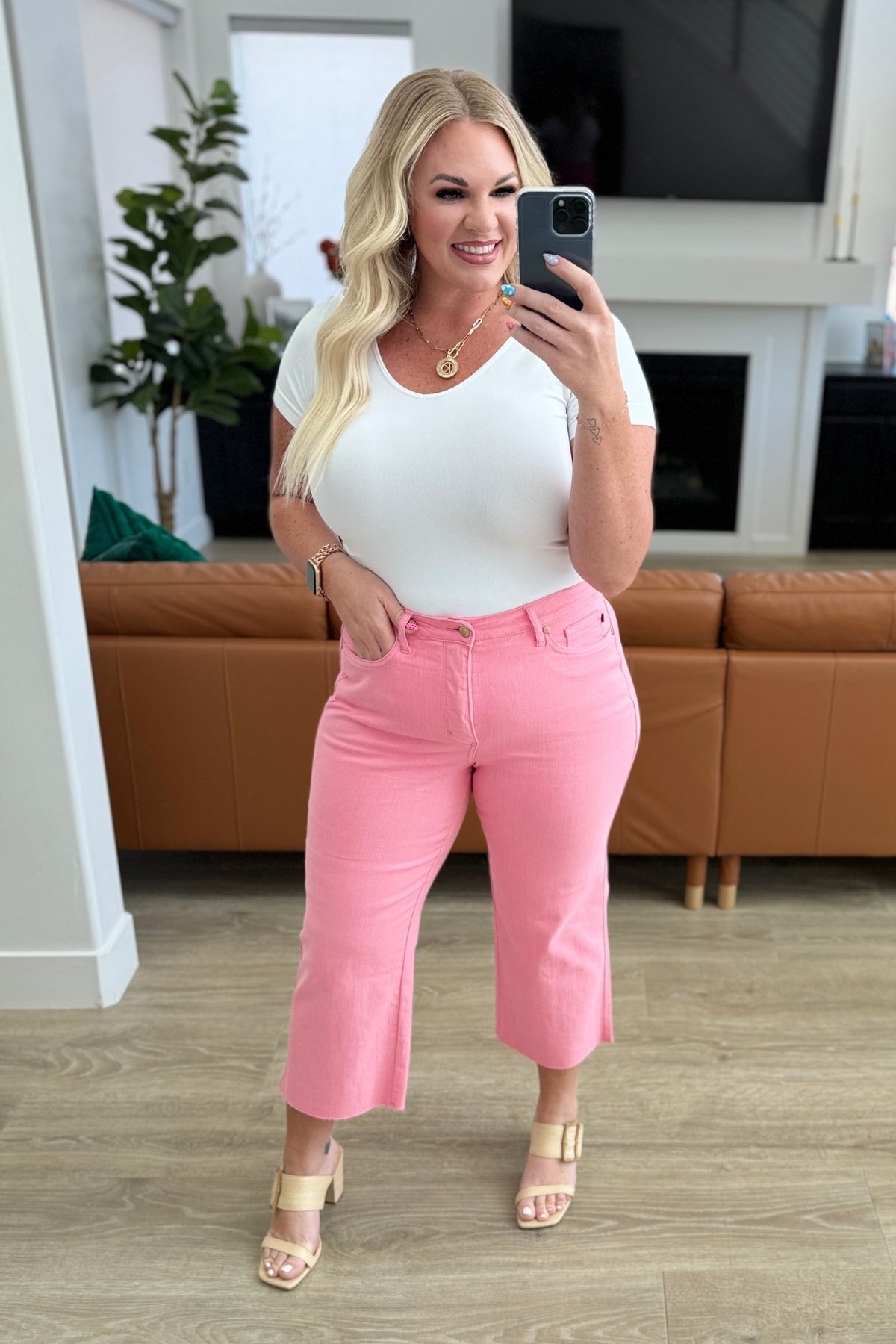 Lisa High Rise Control Top Wide Leg Crop Jeans in Pink - Mack and Mav Boutique