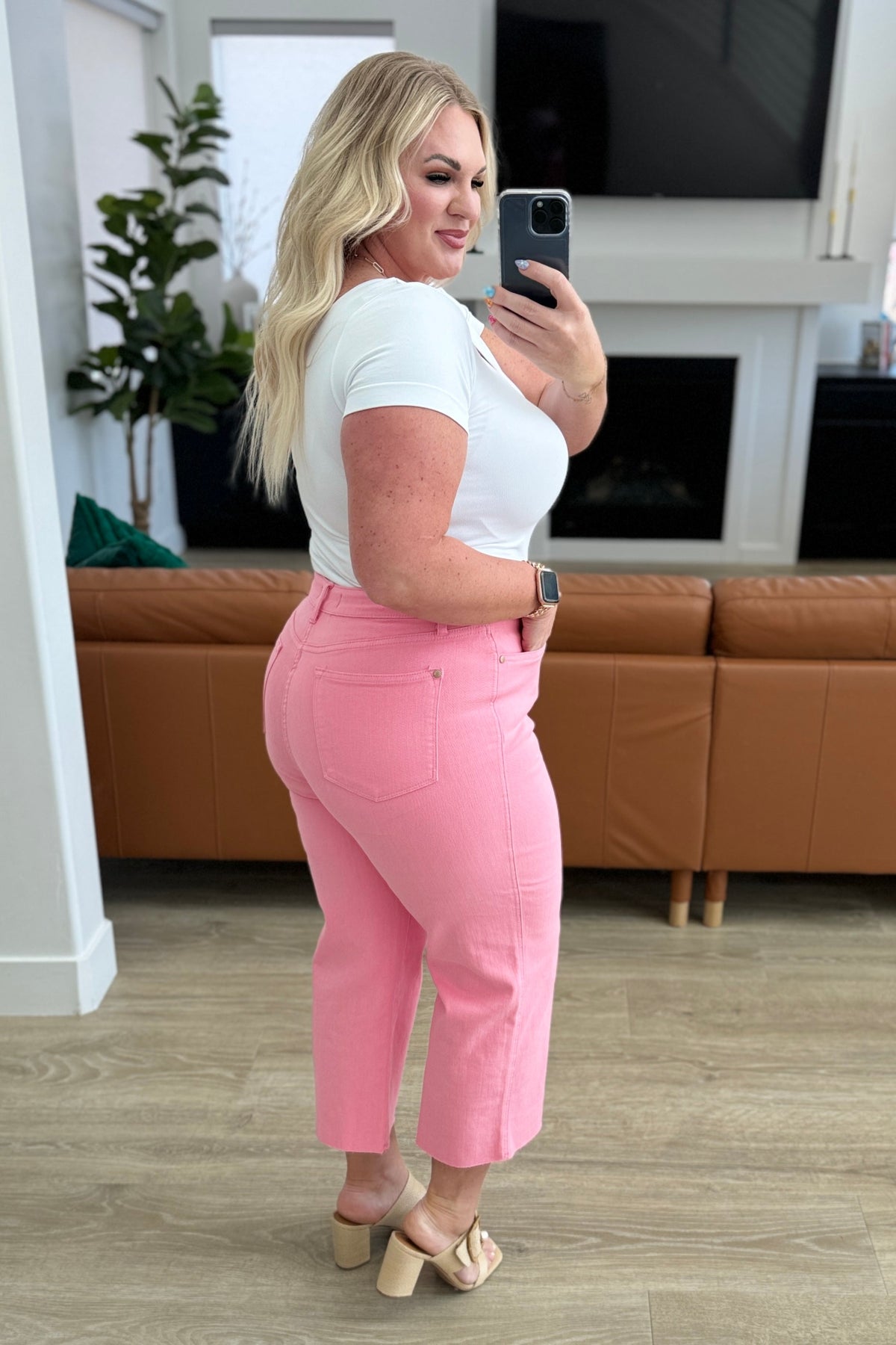 Lisa High Rise Control Top Wide Leg Crop Jeans in Pink - Mack and Mav Boutique