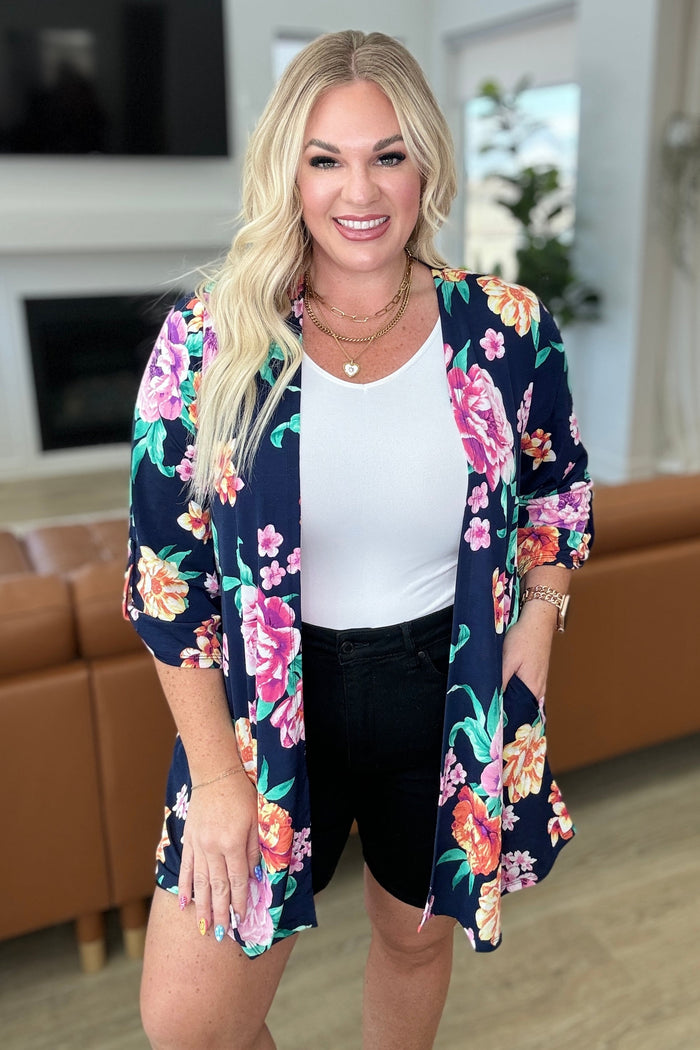 Lizzy Cardigan in Navy and Lavender Bouquet - Mack and Mav Boutique