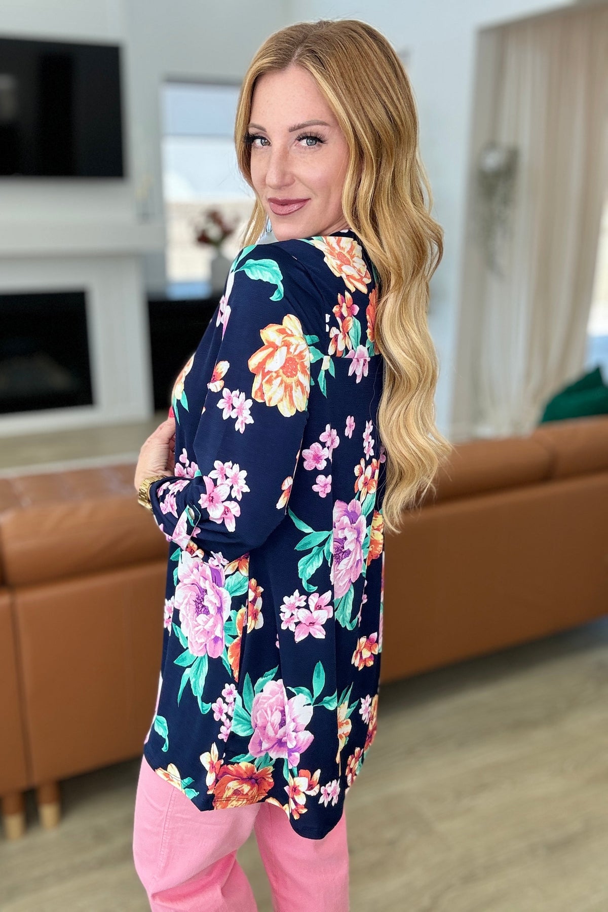 Lizzy Cardigan in Navy and Lavender Bouquet - Mack and Mav Boutique