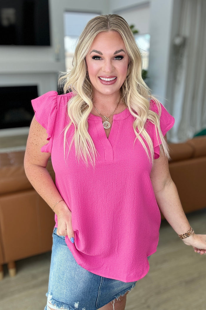 Crinkle Split Neckline Flutter Sleeve Top in Hot Pink - Mack and Mav Boutique