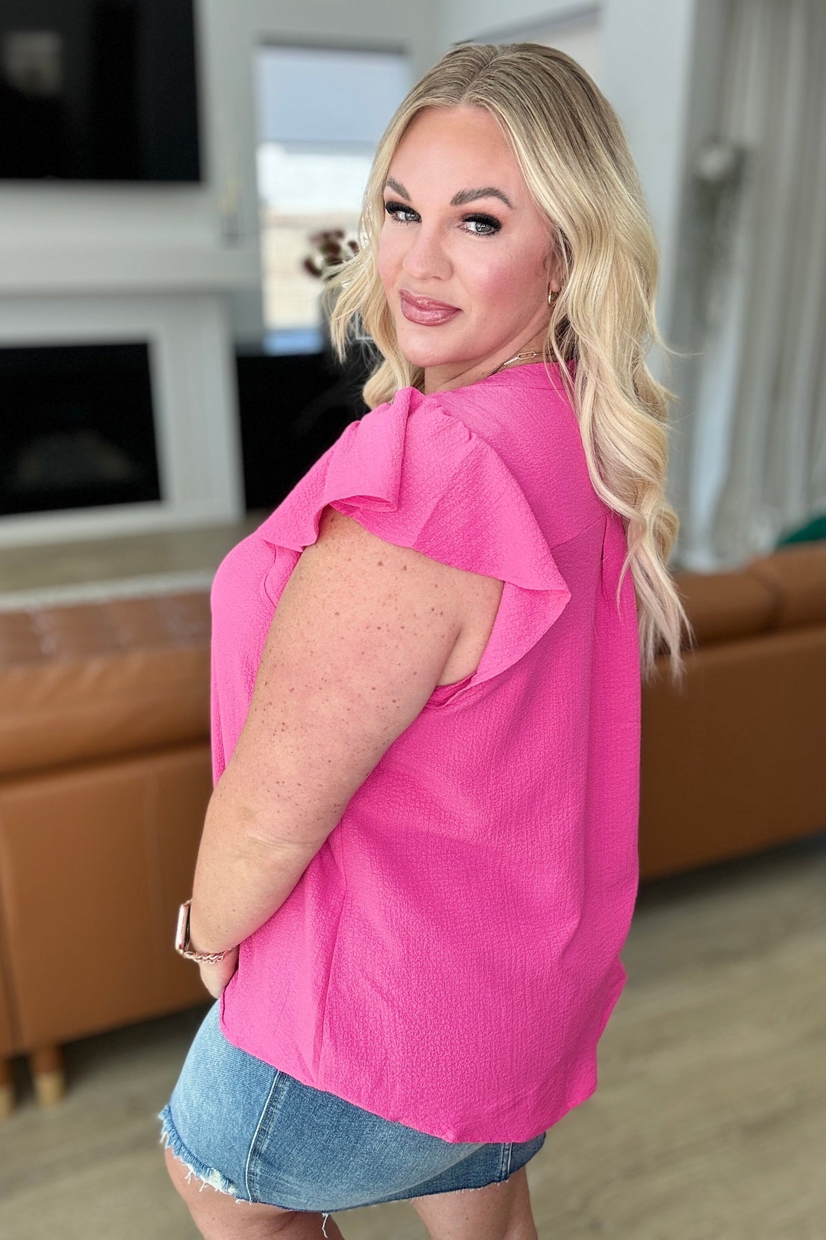 Crinkle Split Neckline Flutter Sleeve Top in Hot Pink - Mack and Mav Boutique
