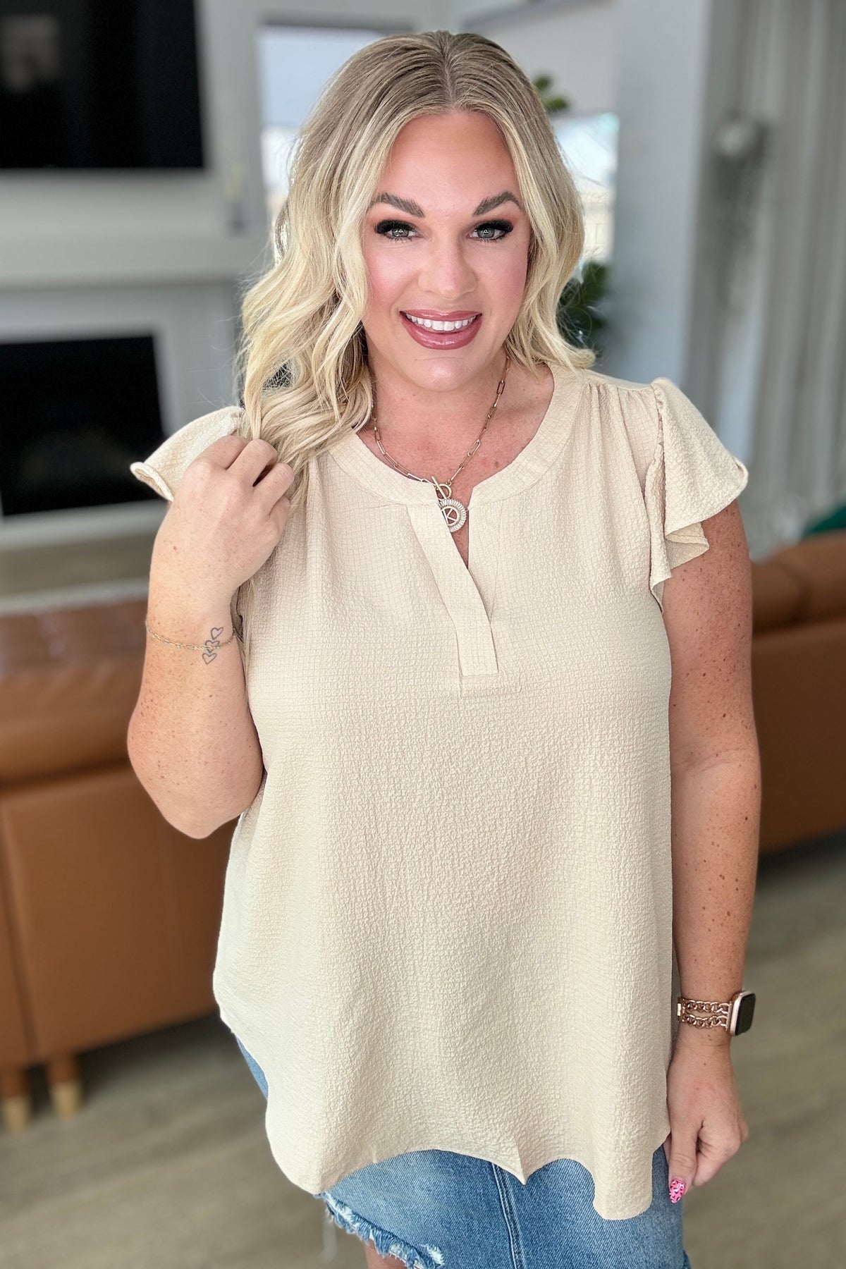 Crinkle Split Neckline Flutter Sleeve Top in Taupe - Mack and Mav Boutique
