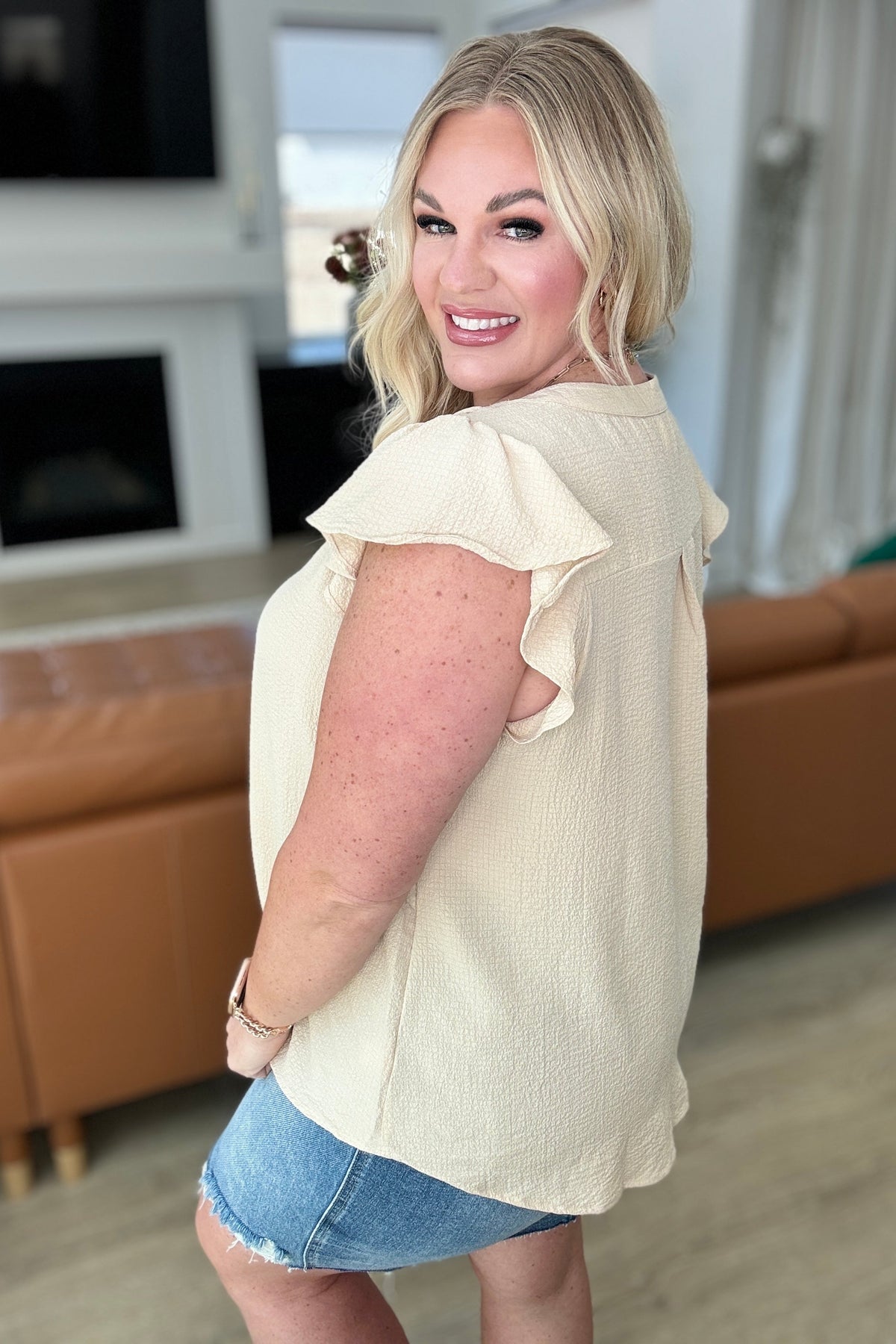 Crinkle Split Neckline Flutter Sleeve Top in Taupe - Mack and Mav Boutique
