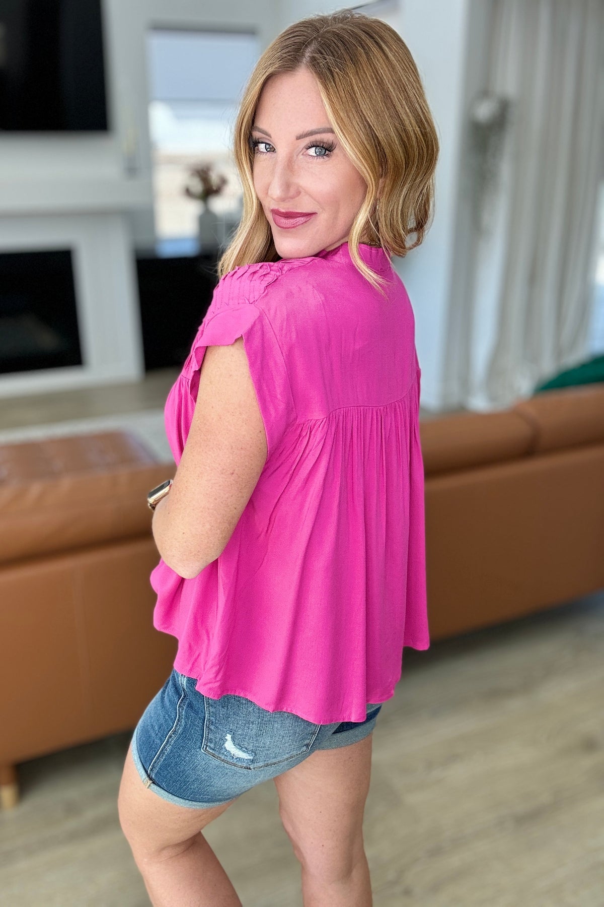 Pleat Detail Button Up Blouse in Hot Pink - Mack and Mav Boutique