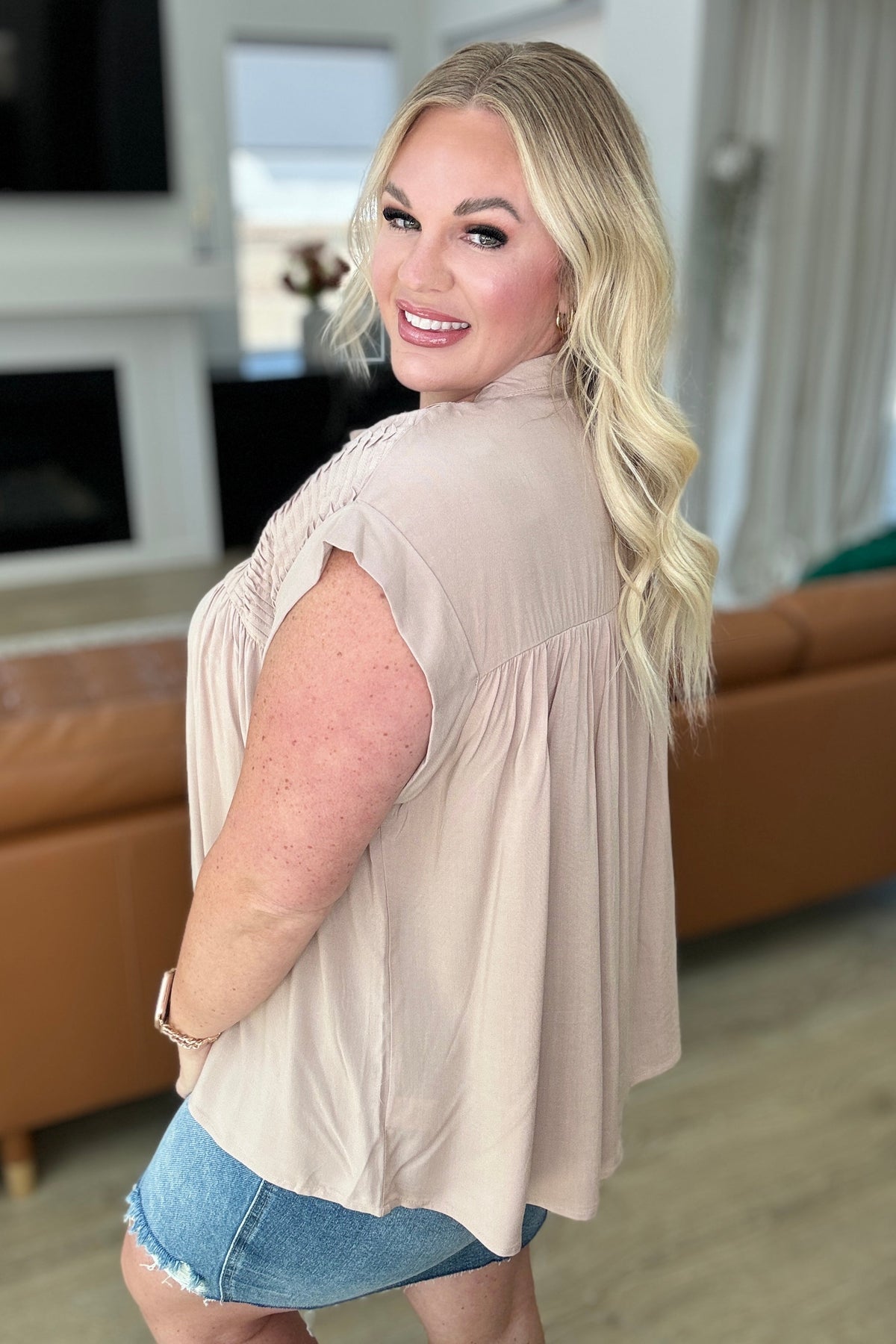 Pleat Detail Button Up Blouse in Taupe - Mack and Mav Boutique