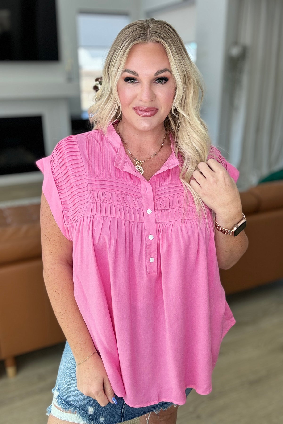 Pleat Detail Button Up Blouse in Pink Cosmos - Mack and Mav Boutique