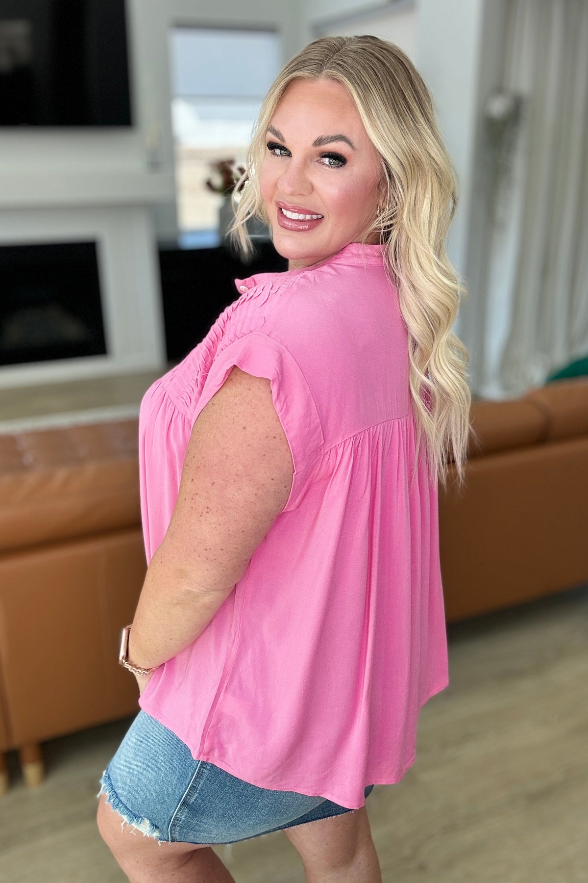 Pleat Detail Button Up Blouse in Pink Cosmos - Mack and Mav Boutique