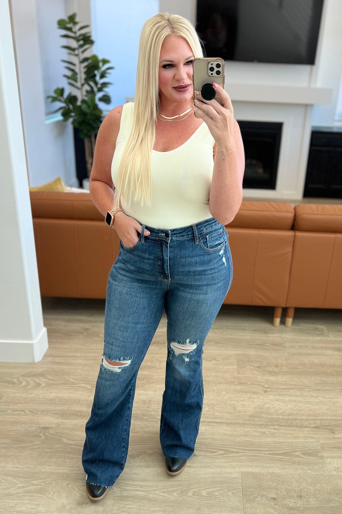 Cassandra High Rise Control Top Distressed Flare Jeans - Mack and Mav Boutique