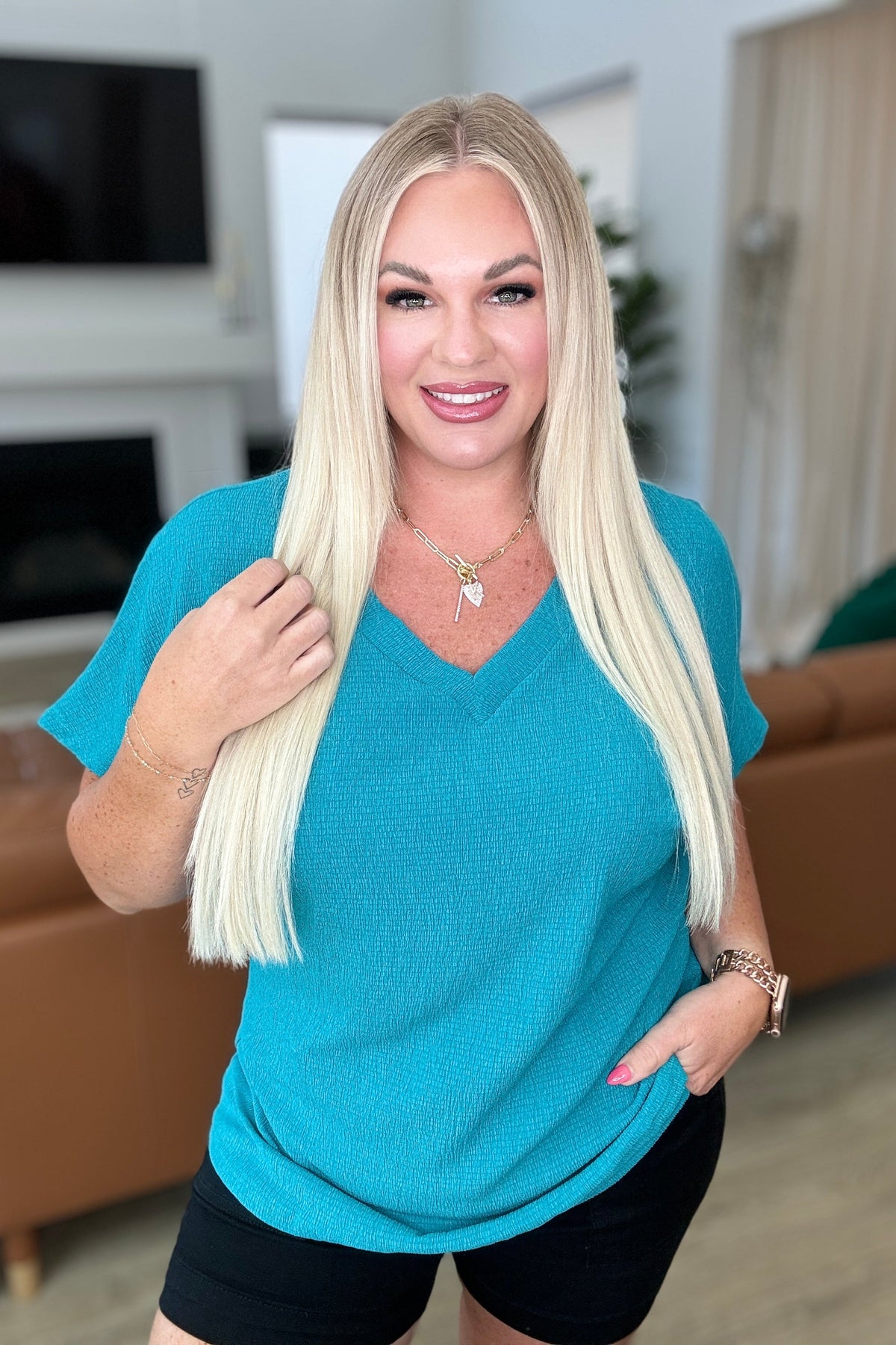Trial and Error Textured V-Neck Blouse in Teal - Mack and Mav Boutique