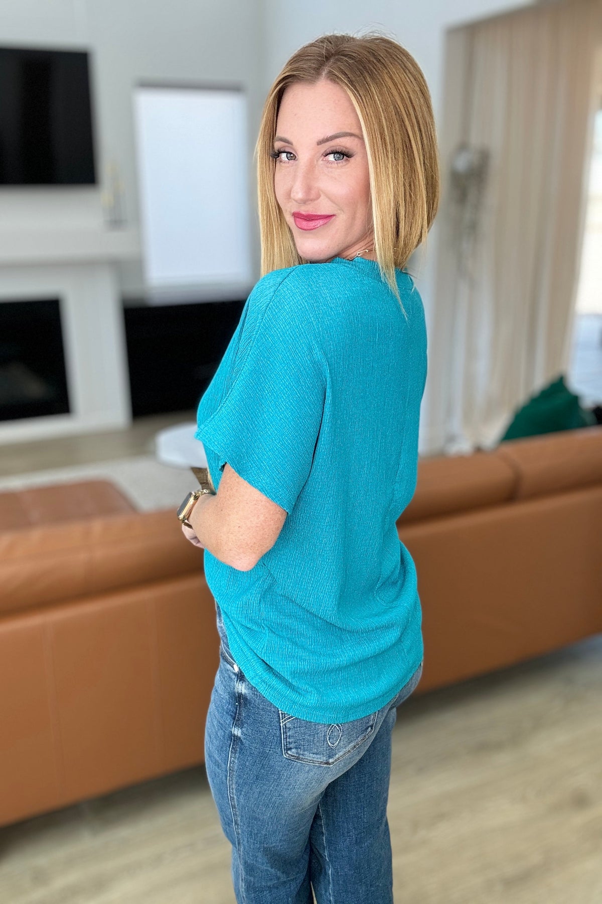 Trial and Error Textured V-Neck Blouse in Teal - Mack and Mav Boutique