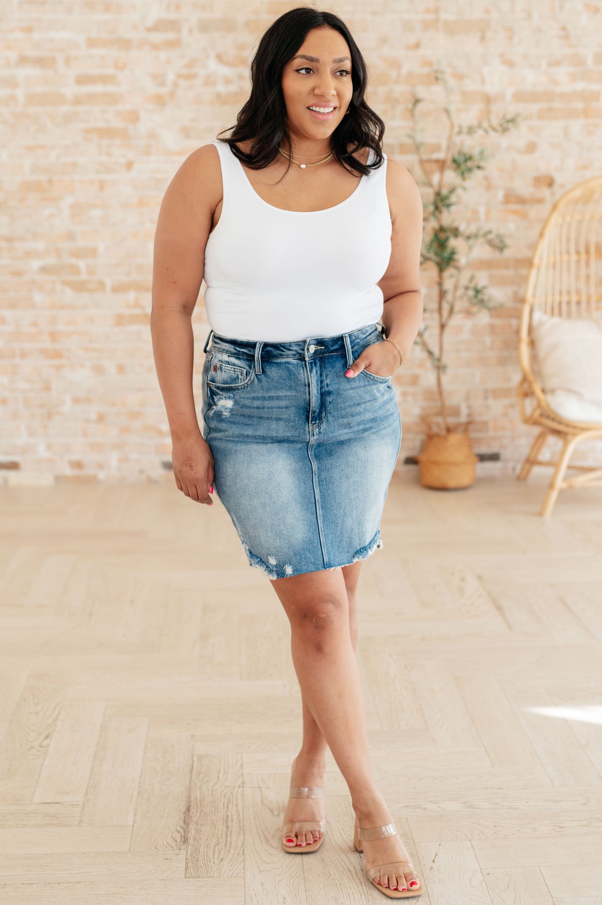 Carol High Rise Rigid Magic Denim Skirt - Mack and Mav Boutique