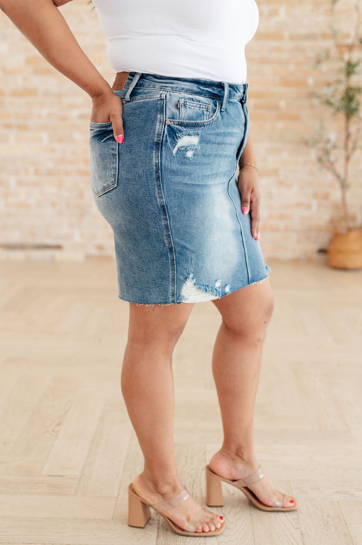 Carol High Rise Rigid Magic Denim Skirt - Mack and Mav Boutique