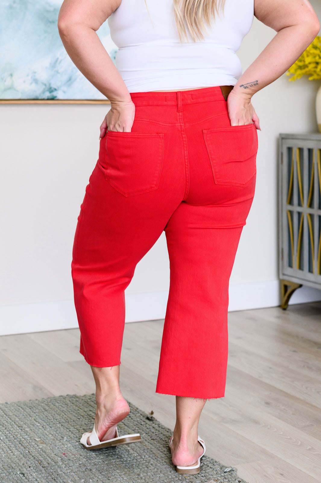 Lisa High Rise Control Top Wide Leg Crop Jeans in Red - Mack and Mav Boutique