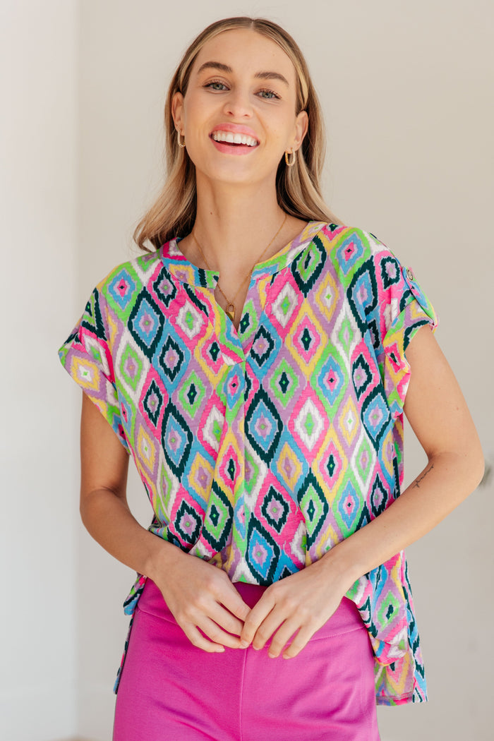 Lizzy Cap Sleeve Top in Lavender Ikat - Mack and Mav Boutique