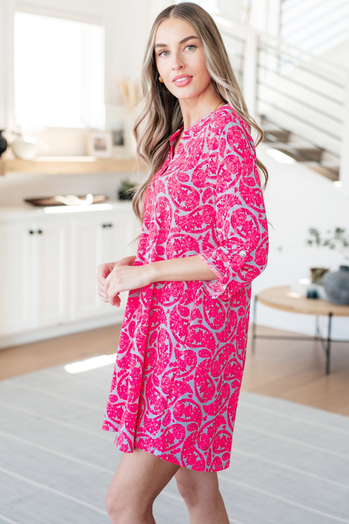 Lizzy Dress in Grey and Pink Paisley - Mack and Mav Boutique