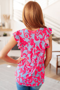 Lizzy Flutter Sleeve Top in Lavender and Hot Pink Filigree - Mack and Mav Boutique