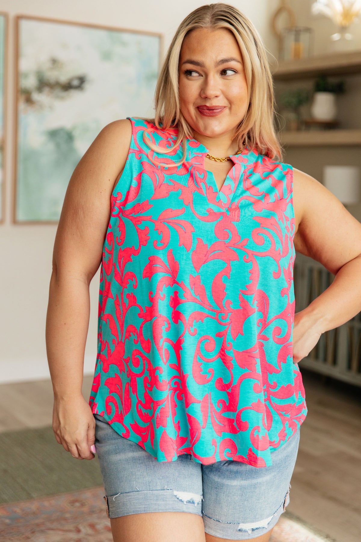 Lizzy Tank Top in Aqua and Pink Filigree - Mack and Mav Boutique