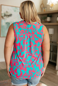 Lizzy Tank Top in Aqua and Pink Filigree - Mack and Mav Boutique