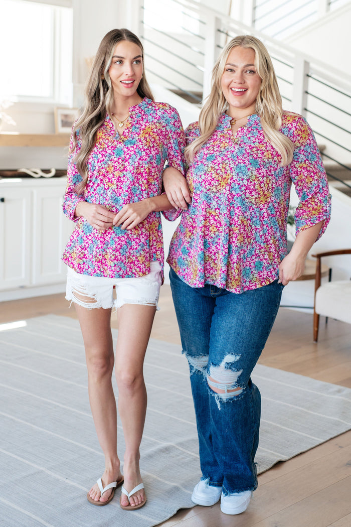 Lizzy Top in Pink and Aqua Ditsy Floral - Mack and Mav Boutique