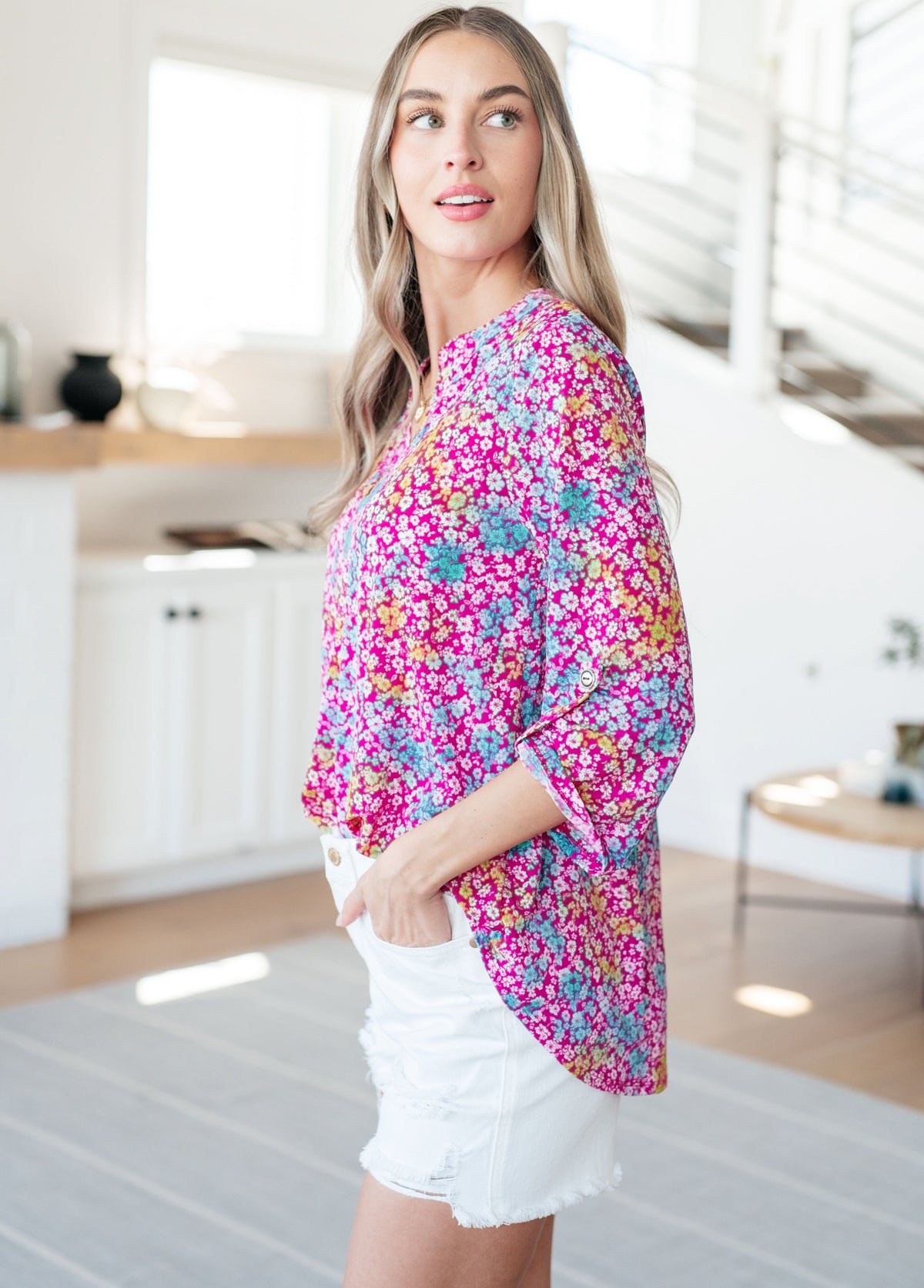 Lizzy Top in Pink and Aqua Ditsy Floral - Mack and Mav Boutique