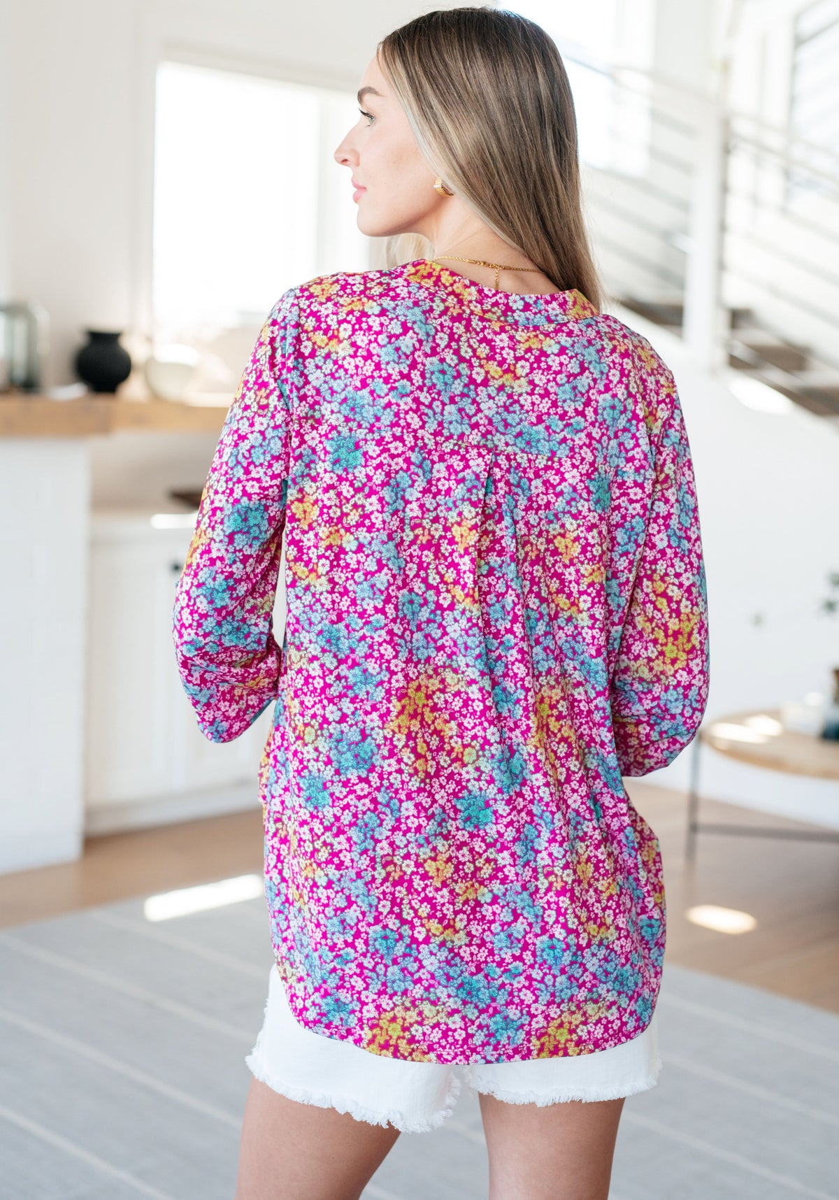 Lizzy Top in Pink and Aqua Ditsy Floral - Mack and Mav Boutique