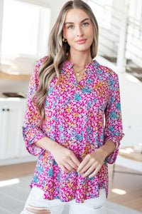 Lizzy Top in Pink and Aqua Ditsy Floral - Mack and Mav Boutique