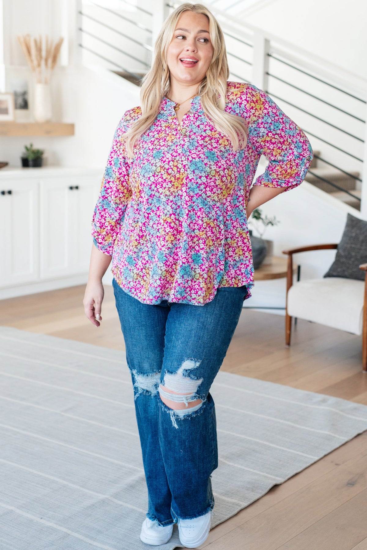 Lizzy Top in Pink and Aqua Ditsy Floral - Mack and Mav Boutique
