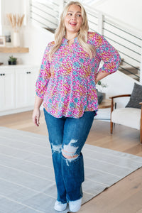 Lizzy Top in Pink and Aqua Ditsy Floral - Mack and Mav Boutique